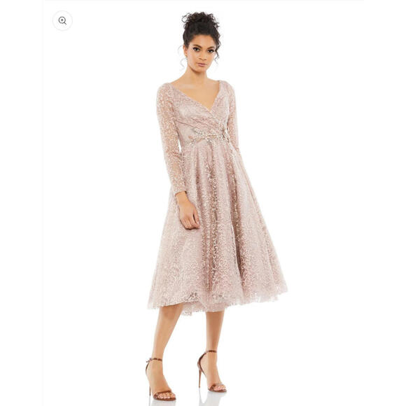 NEW, MAC DUGGAL Lace Long Sleeve Fit & Flare Cocktail Dress in Nude SZ 12 #D7593 - Picture 1 of 8